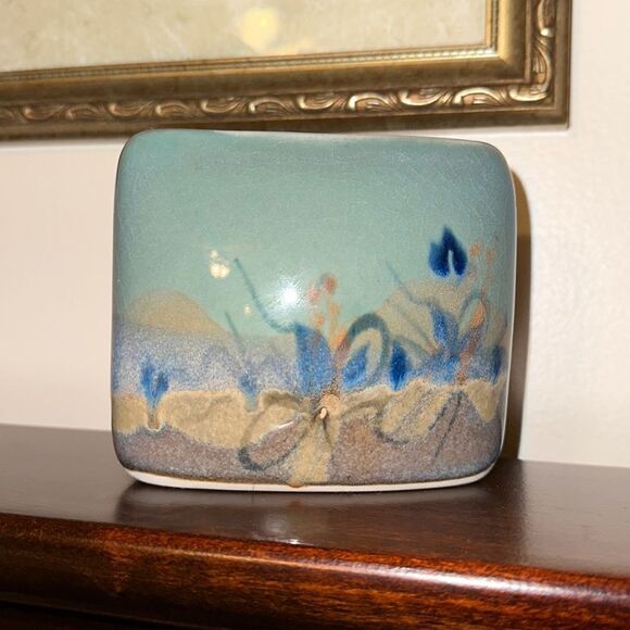 Vintage Artist Signed Decorative Rectangular Vase Teal Green Blue Tan - Picture 1 of 10